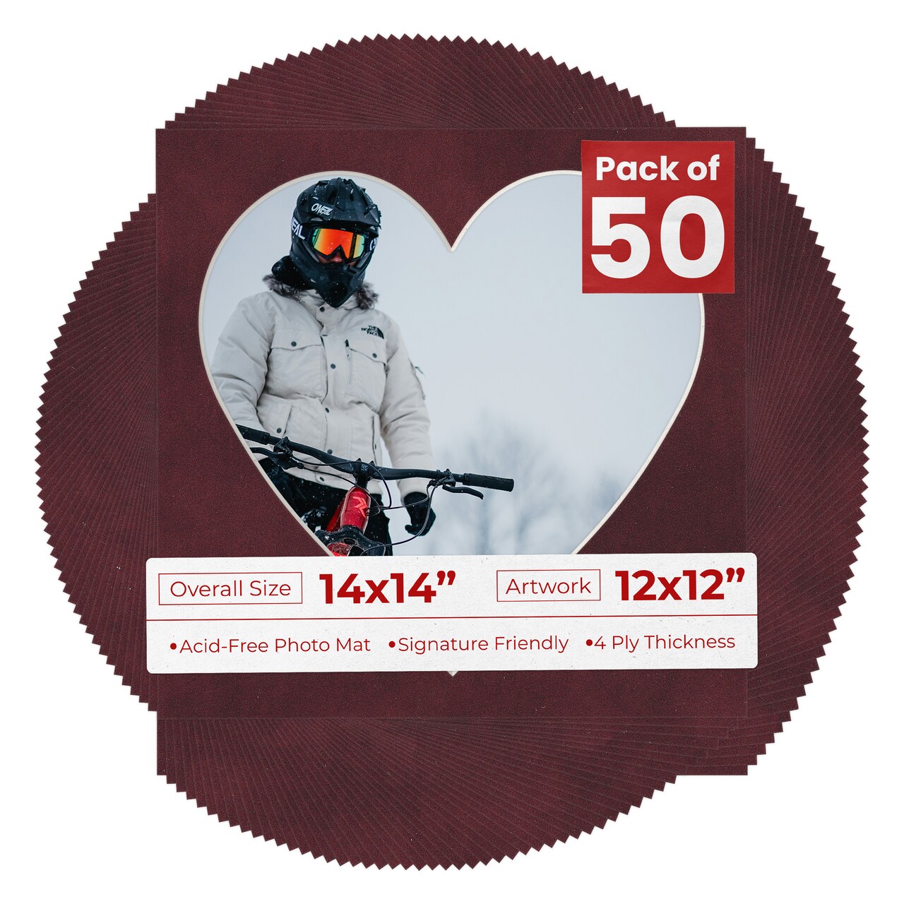 Dark Red Suede Mat Board for 14x14 Frames - Heart Opening for 12x12 Photos